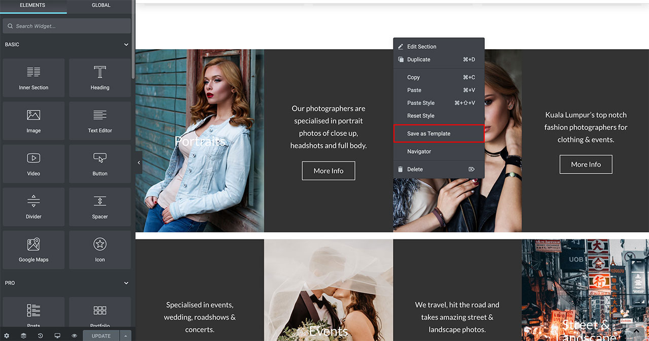 Elementor Section Save as Template