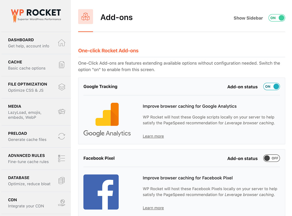 WP Rocket Addons Settings